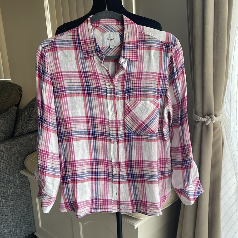 RAILS Women’s Charli Linen Pink and White Plaid Button Front Shirt S - Picture 4 of 10